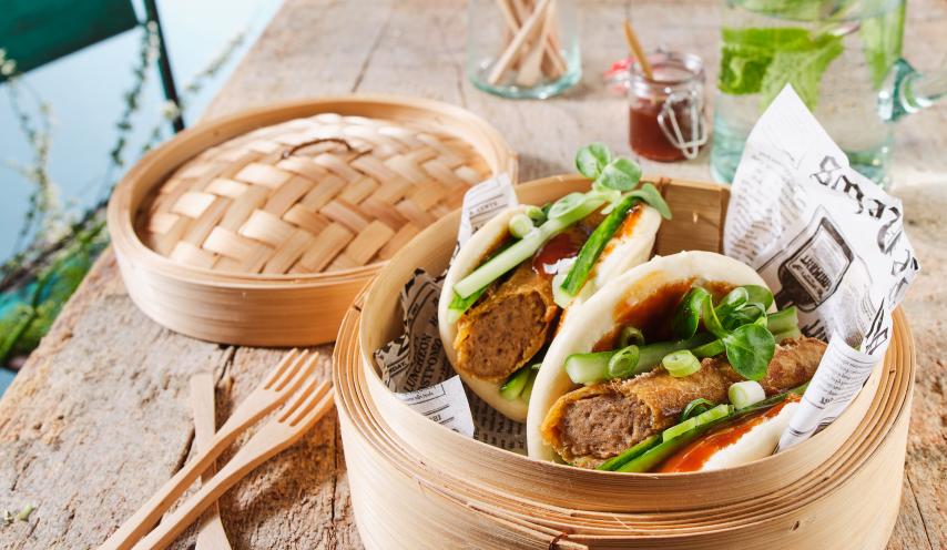 Hamburger bun à la vapeur, Viandelle et sauce barbecue chinoise