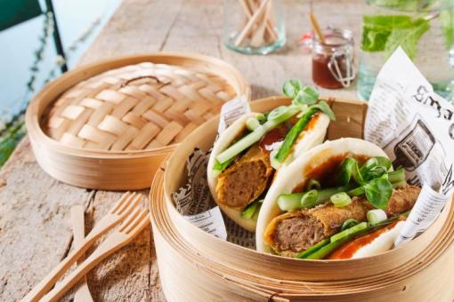 Hamburger bun à la vapeur, Viandelle et sauce barbecue chinoise