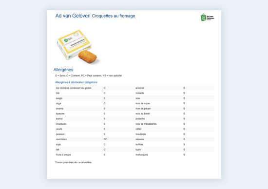 Liste des allergènes de la croquette de fromage Van Geloven